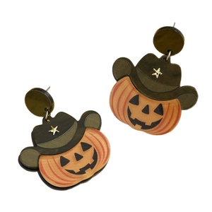 Halloween pumpkin earrings with dark green cowboy hat and gold stars on white background