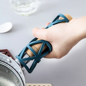 Dark blue silicone pot handle holder with geometric hollow heat insulation design