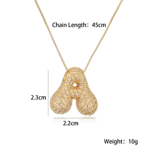 Detailed size specifications for a gold-plated letter A pendant necklace with dimensions