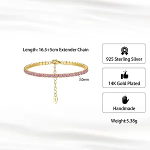 Classic 925 sterling silver tennis bracelet with 3mm pink zircon and 14k gold plating