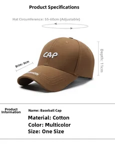 Détails de la casquette marron en coton avec broderie CAP et spécifications de taille