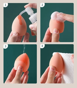 Macro steps showing how to clean the pink drop-shaped makeup sponge properly