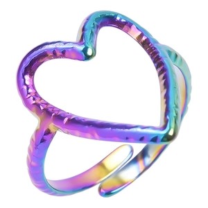 Detail of heart open ring with rainbow gradient plating and irregular hammered texture