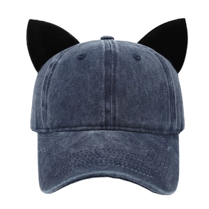 Denim washed blue baseball cap with black velvet cat ears for women and men