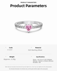 Macro shot of 925 sterling silver ring featuring a 5mm pink heart-shaped cubic zirconia
