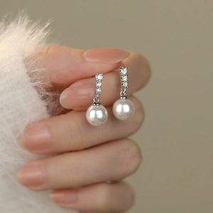 French Sparkly Zircon Artificial Pearl Dangle Earrings With 925 Sterling Silver Earring Post For Women Elegant Jewelry