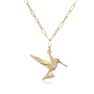 Exquisite 18K gold hummingbird pendant necklace with crystals on a stylish paperclip chain