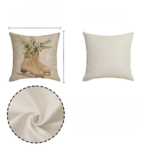 Detail view of linen-texture pillow cover showing print, back side, and 45x45cm dimensions