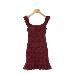 Burgundy floral lace mini dress with square neck and ruffled sleeveless design