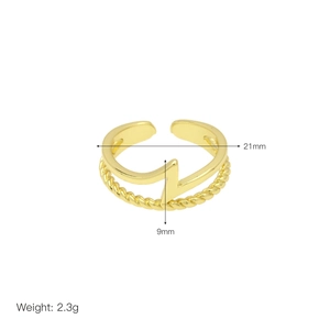 Detail view of gold double-layer open ring with lightning pattern and dimensions info