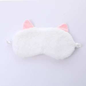 Plush cat ear sleep mask in soft white and pink faux fur with elastic strap