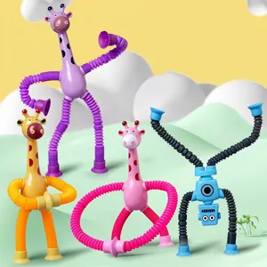 Set of flexible suction cup giraffe and robot toys with stretchable tubes for creative DIY play