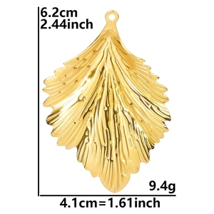Detailed close-up of 18k gold-plated leaf pendant with realistic vein texture and size info