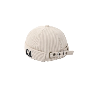 Beige corduroy docker hat for toddlers featuring adjustable metal buckle and CA embroidery