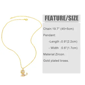 Tableau des tailles détaillé pour collier pendentif chat en zircon plaqué or et chaîne