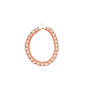 Elegant stainless steel necklace with orange and white crystal beads in a lace design