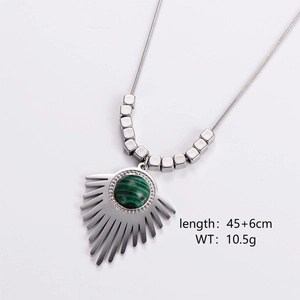 Detail of geometric fan necklace with green malachite stone and length specifications
