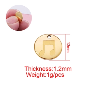 18K gold plated music note pendant 12mm round charm with dimensions and weight data