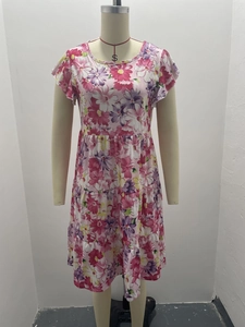 Detail of pink floral midi dress featuring ruffled cap sleeves and layered cake skirt
