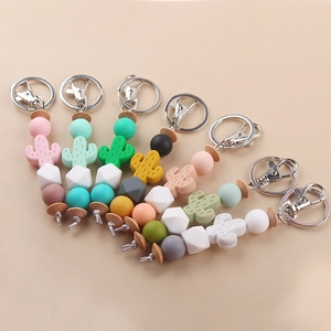DIY silicone cactus beads keychain with wooden beads and lobster clasp in multiple colors