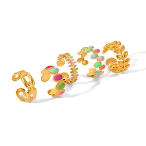 Five-piece 18K gold plated stainless steel open rings with colorful enamel designs