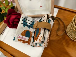 Detail of fabric wallet featuring elephant print, multi-card slots and a zipper pocket