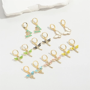 French vintage gold dragonfly earrings with colorful enamel and cubic zirconia