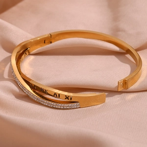 Gold plated stainless steel double-layer open bangle with micro-pave crystals and roman numerals