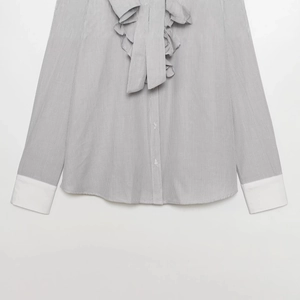 Striped long sleeve shirt with ruffled collar and contrast white cuffs for women