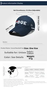 Size chart for breathable mesh baseball cap with adjustable strap and measuring guide