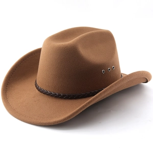 Close-up of brown felt cowboy hat with braided leather band and metal vent holes