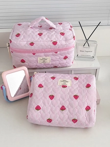 Quilted cotton strawberry stripe makeup bag set featuring a vanity case and flat pouch
