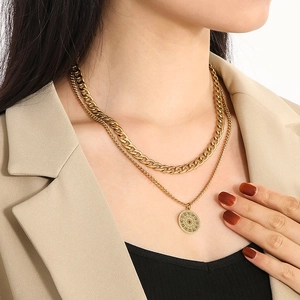 French vintage gold double layer zodiac pendant necklace with thick chain link