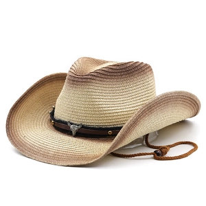 Retro hand-woven western cowboy straw hat with gradient color and bull head emblem