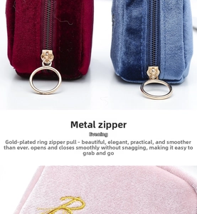 Detailed view of colorful velvet mini cosmetic pouches with round golden zippers