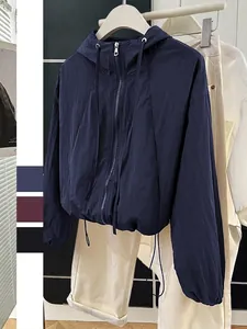 Women Hooded Windbreaker Jacket Polyamide Lightweight Solid Color Zipper Drawstring Hem Long Sleeve Casual Outdoor Coat