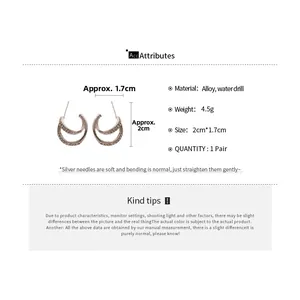 Detailed size chart showing 2cm height double C-shaped rhinestone stud earrings