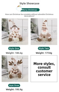 Detailed view of plush Christmas snowman and reindeer dolls with height and weight data