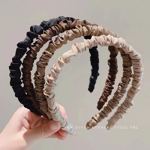 Elegant Ruched Satin Headband For Women French Forest Style Scrunchie Hair Hoop Thin Solid Color Pleated Hairband