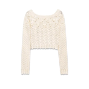 Women's cream white hollow out knit sweater with delicate crochet patterns and cropped fit