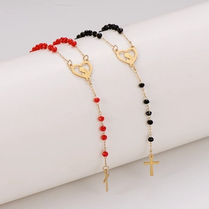 Stainless steel rosary necklace with colorful beads, heart Virgin Mary and cross pendant