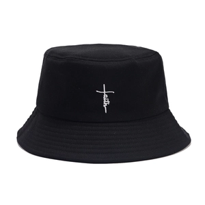 Classic black cotton bucket hat featuring a white faith cross embroidery in a flat layout