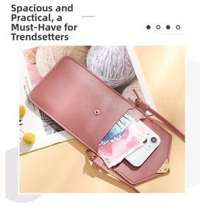 Detail of dust pink PU leather phone bag interior showing card slots and phone pocket
