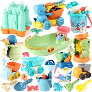 Kids beach toy set with dinosaur sand truck, bucket, and colorful molds for outdoor play