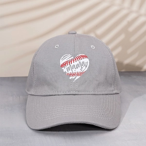 Detailed close-up of dark grey cotton baseball cap with MAMA heart baseball print
