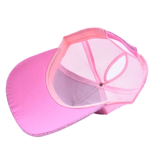 Pink sequin ponytail baseball hat with breathable mesh and functional rear opening