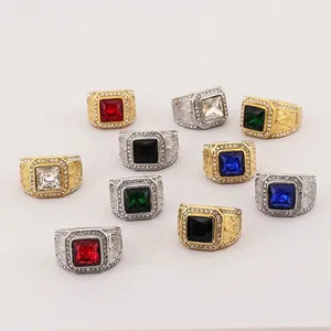 Masonic Ring For Men Stainless Steel Square Colorful Gemstone Rhinestone Halo Hip Hop Retro Signet Jewelry