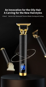 Detail of professional hair clipper with LED display and gold titanium blade finish
