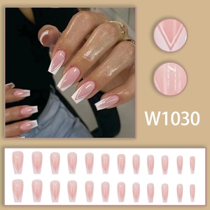Pink and white V-shape French tip coffin nails kit with 24pcs long ballerina fake nails