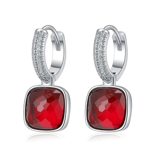 Elegant silver earrings with geometric cubic zirconia pavé and red cushion-cut drop crystals